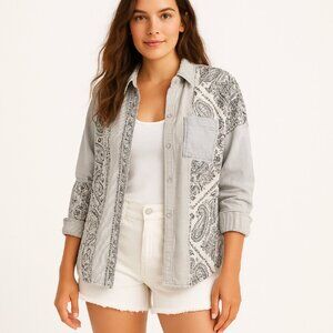 Free People All Patched Up Chambray Paisley Patchwork Button Down Shirt Size S